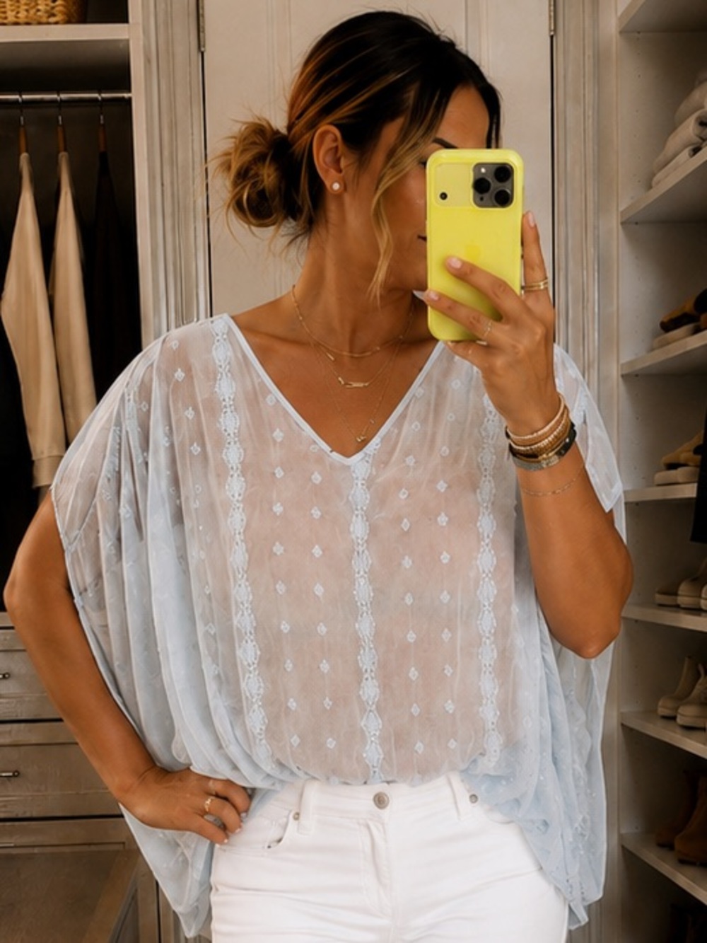 Jennifer Lopez Light Blue Sheer Sleeveless Blouse